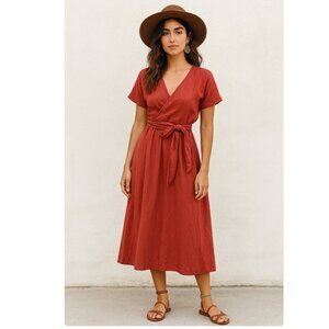 Indi & Cold Linen Blend Midi Wrap Dress Rust